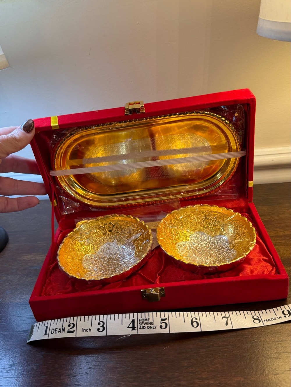Gold Decorative traditional wedding Bowl Gift Set with Red Velvet Case